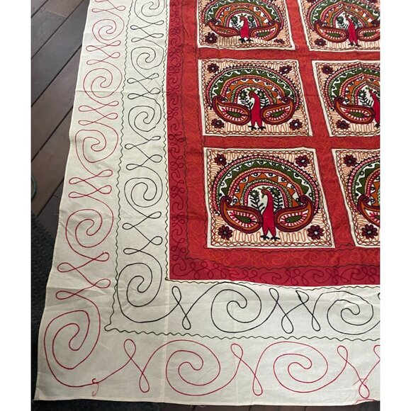 Block Embroidered Indian Cotton Peacock Quilt Light Boho Summer Bedspread Throw - Picture 7 of 16